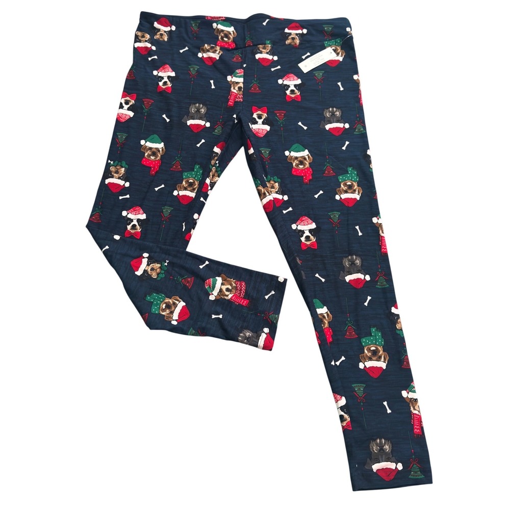 Holidayโ Time Womens Christmas Leggings XXL 2XG Dog Santa Hat Navy Blue